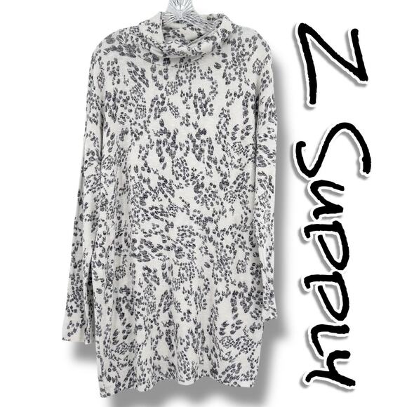 Z Supply White Charcoal Animal Print Cowl Neck Tunic Sweater Dress Womens Sz M - Picture 1 of 11